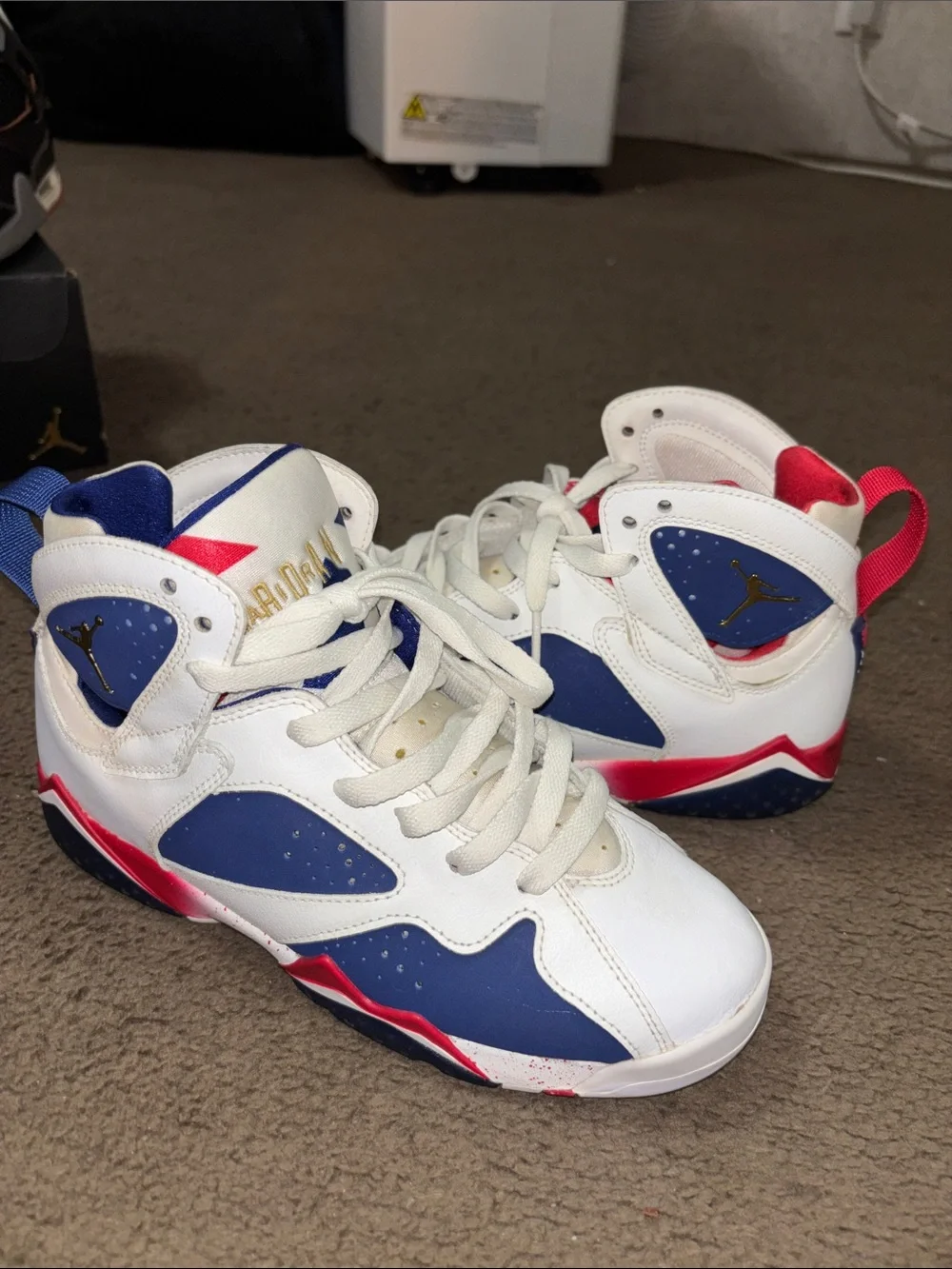 Jordan Kids High-Top Sneakers in White, Blue & Red
